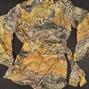 BOSTON PROPER WOMEN'S SZ 8 ELEGANT TUNIC TOP -BAROQUE LEAFY SLIT SLEEVES & SASH